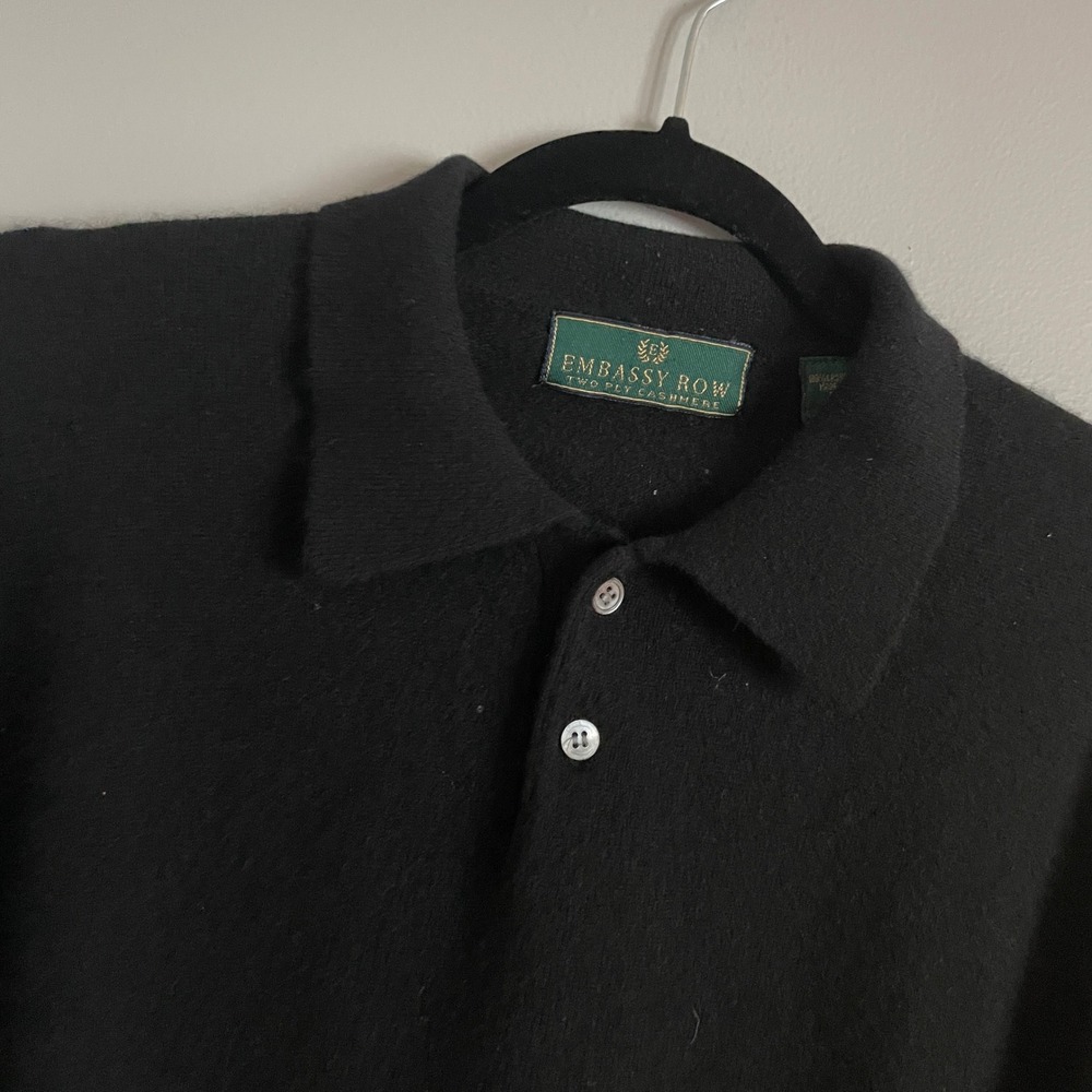 Embassy Row Polo Sweater Mens XL Black 100% Two Ply Cashmere Long Sleeve Classic